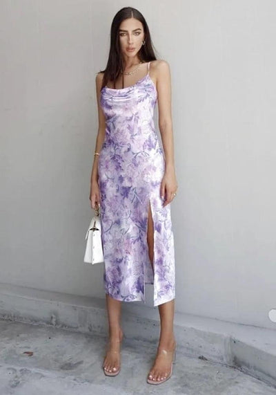 Purple Long Satin Dress floral