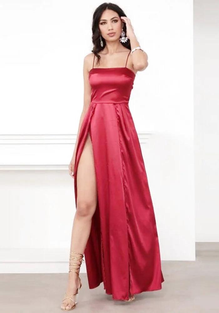 Red Satin A-line Front Slit Long Minimalist Prom Dress - Xdressy