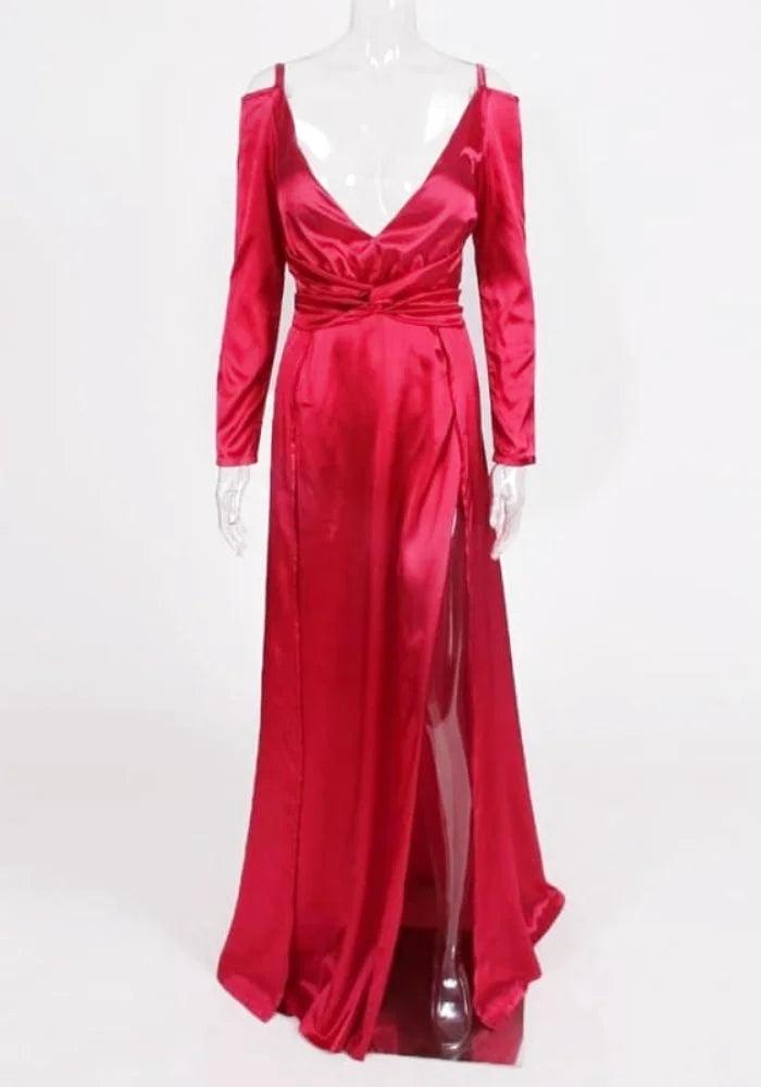 Red Satin Long Sleeve Dress