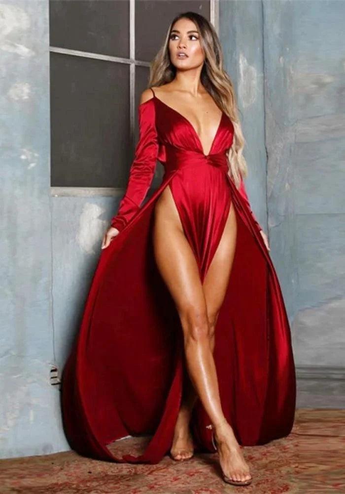 Red Satin Long Sleeve Dress