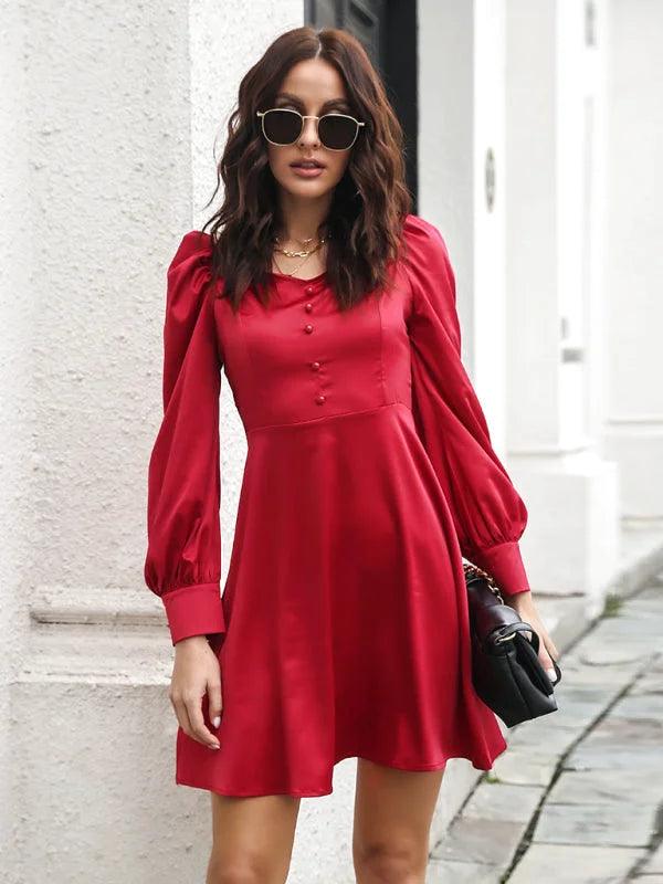 Red Satin Long Sleeve Mini Dress - Miss Satin
