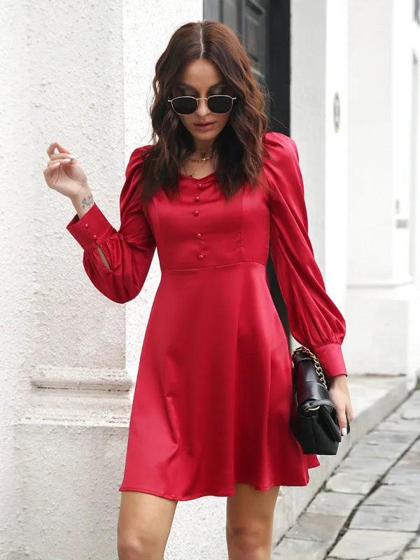 Red Satin Long Sleeve Mini Dress - Miss Satin