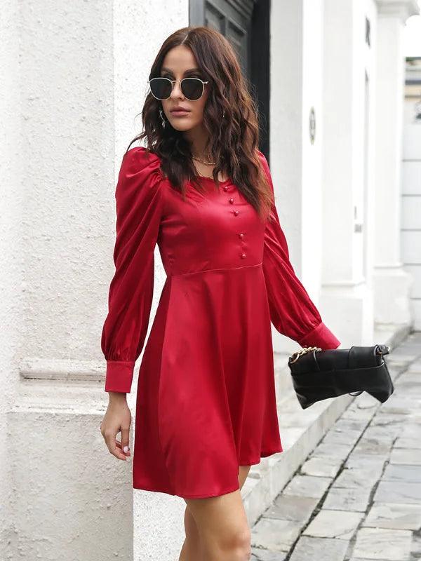 Red Satin Long Sleeve Mini Dress - A Masterpiece of Elegance and Style Miss Satin Red Satin Long Sleeve Mini Dress - A Masterpiece of Elegance and Style Miss Satin