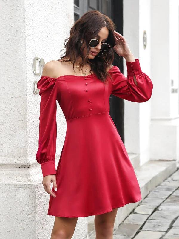 Red Puff-Sleeve Square-Neck Mini Dress