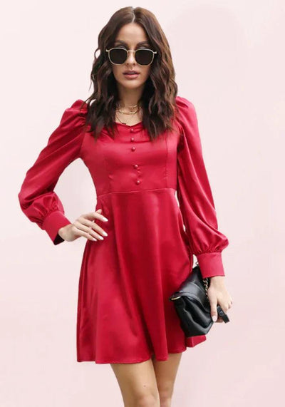 Red Satin Long Sleeve Mini Dress - Miss Satin