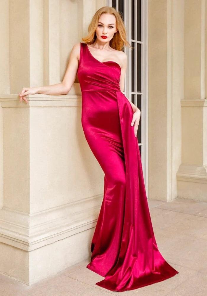 Red Satin One Shoulder Dress