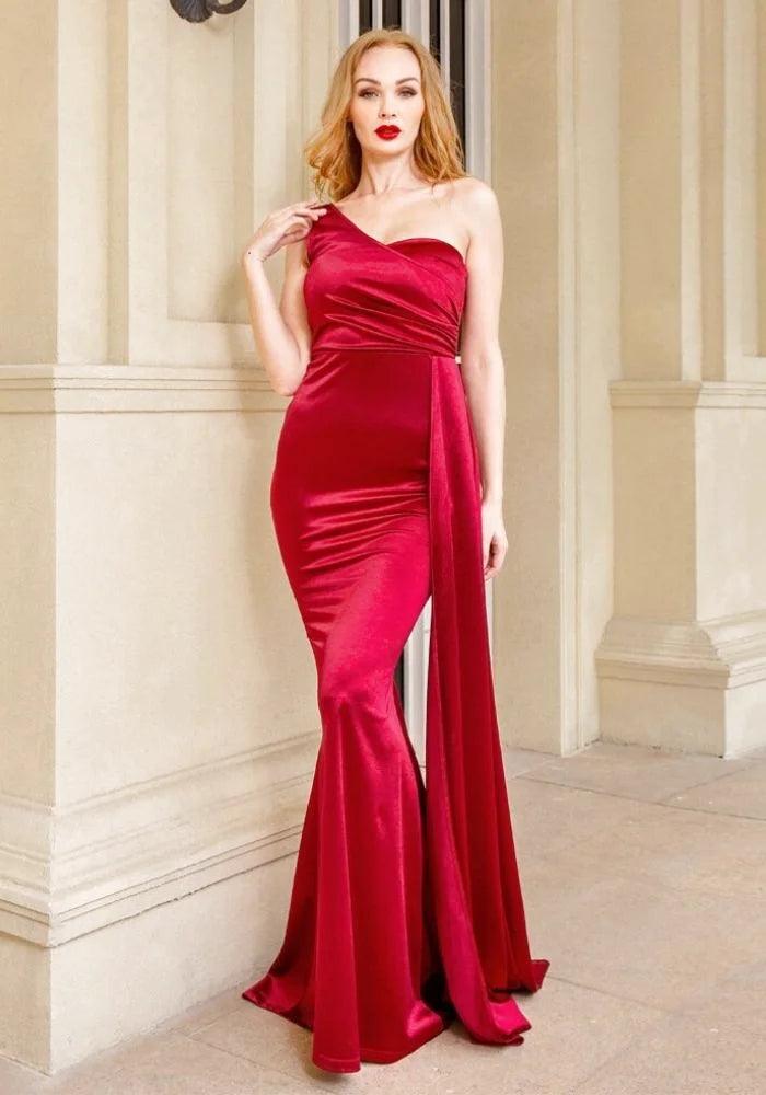 Red Satin One Shoulder Dress