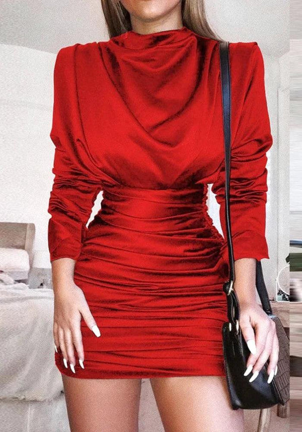 Red Bonded Satin Long Sleeve Bodycon Dress