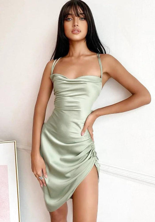 Green satin bodycon dress sales