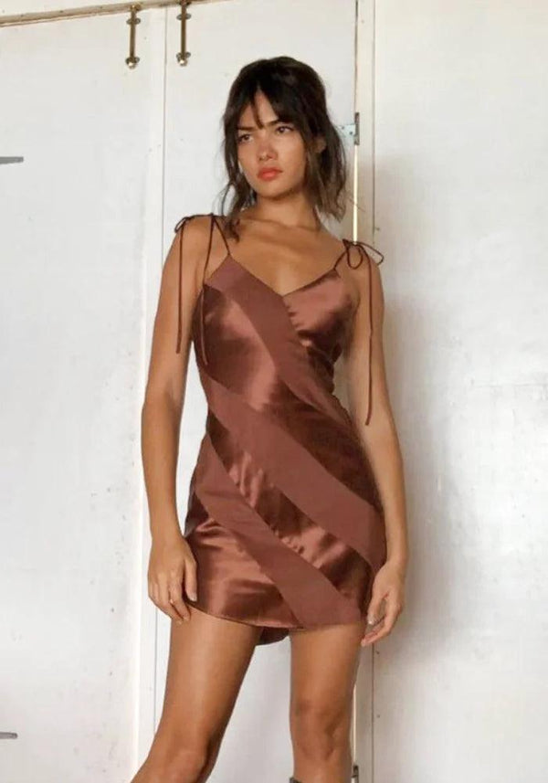 Brown Mini Slip Dress, Tie Straps & Bias Panels