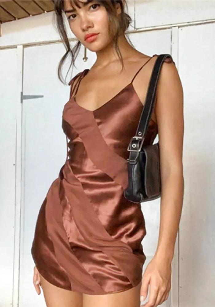 Brown Mini Slip Dress, Tie Straps & Bias Panels