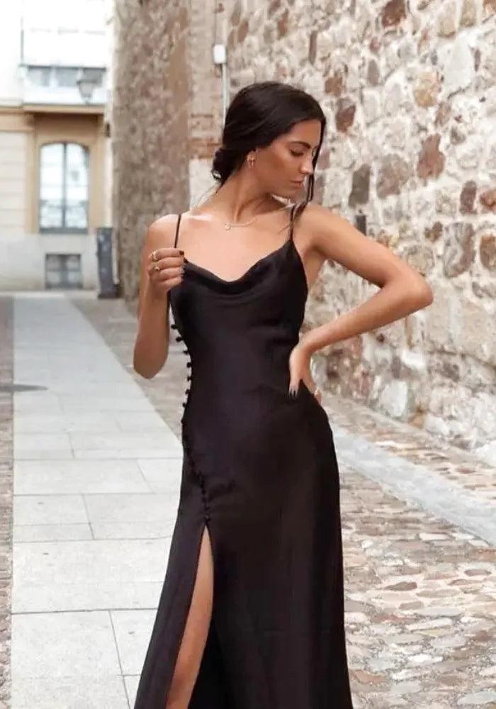 plain black satin dress Black Maxi Dress
