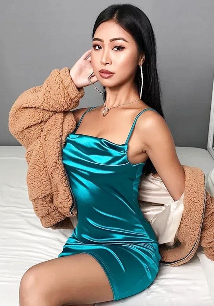 Turquoise Blue Cowl-Neck Mini Slip Dress | Teal