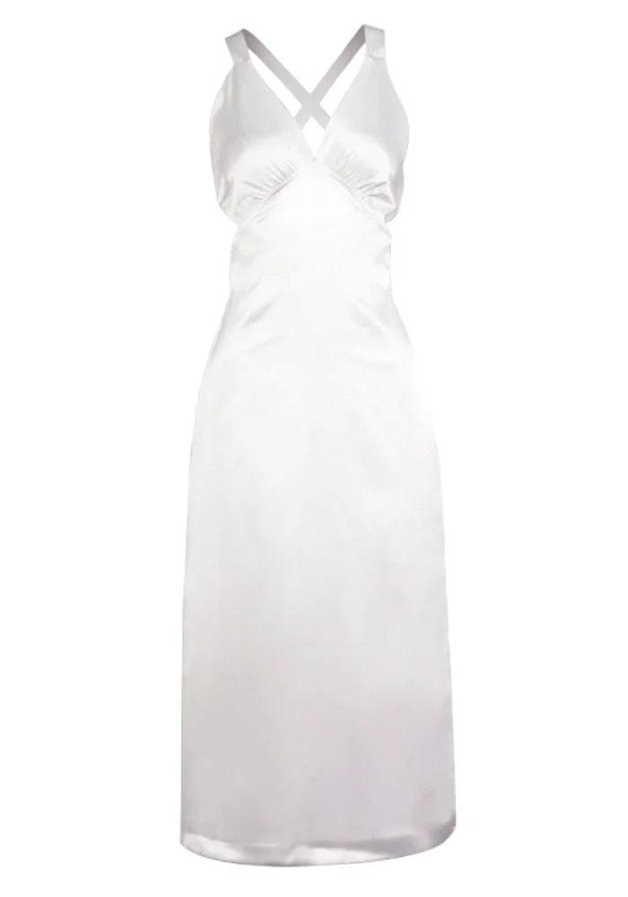White Satin Backless Midi Dress | Miss Satin White Satin Backless Midi Dress | Miss Satin