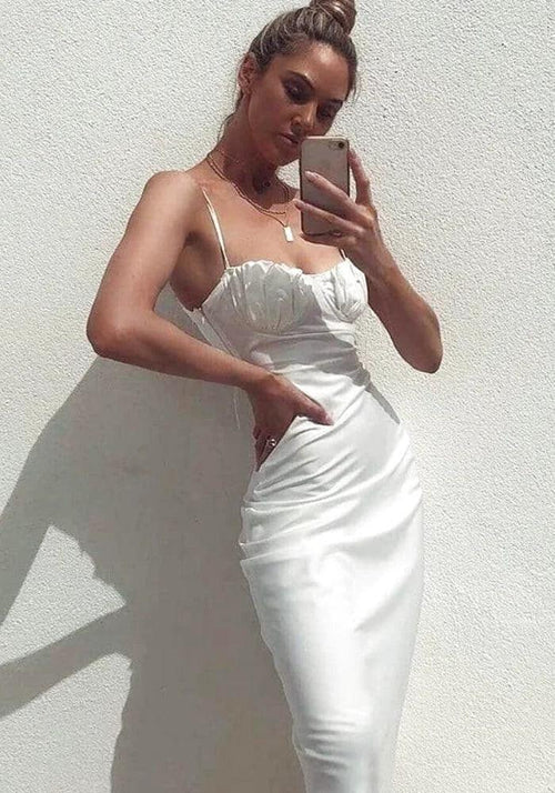 White Satin Midi Dress With V-neck and Side Slit, Sexy Satin Dress for  Special Occasions, White Satin Slip Dress With Deep V-neck 