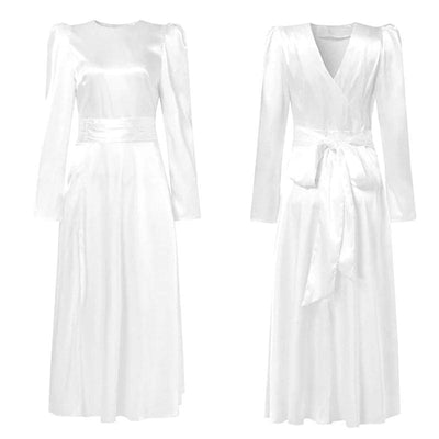 Flat-lay comparison of white satin midi dress in crew-neck and V-neck versions, both with structured waistband