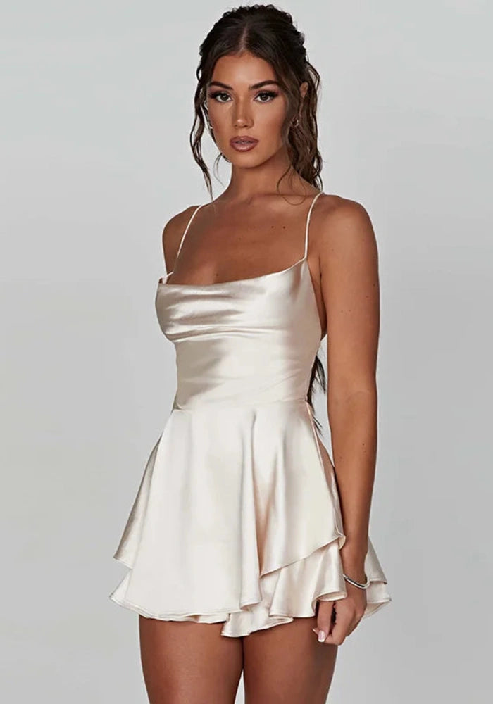 Open Back White Satin Mini Dress