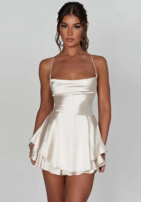 Open Back Cowl-Neck Satin Mini Dress | Ivory & White