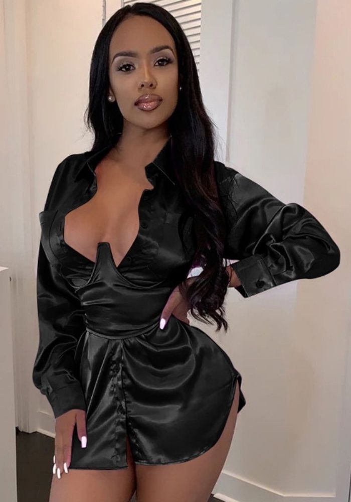 Black Satin Shirt Dress Black Satin Shirt Dress