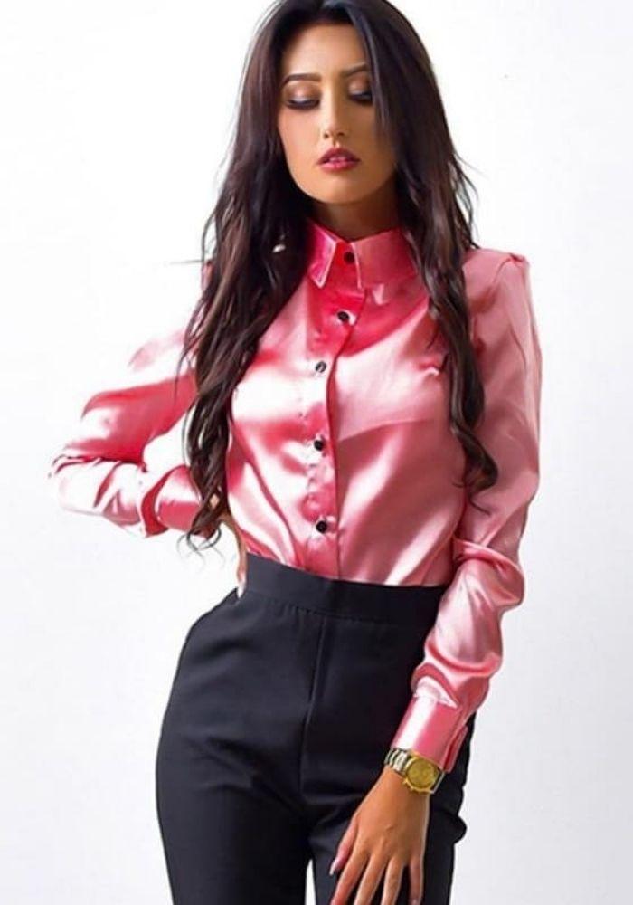 Pink satin sales long sleeve blouse