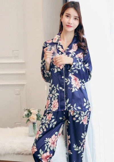 blue Floral Satin Pajama