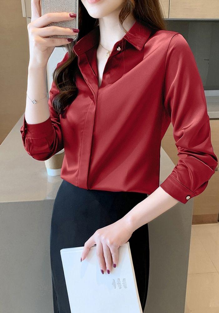 Red Satin Blouse Long Sleeve