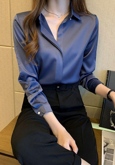 Blue Satin Blouse long sleeves women