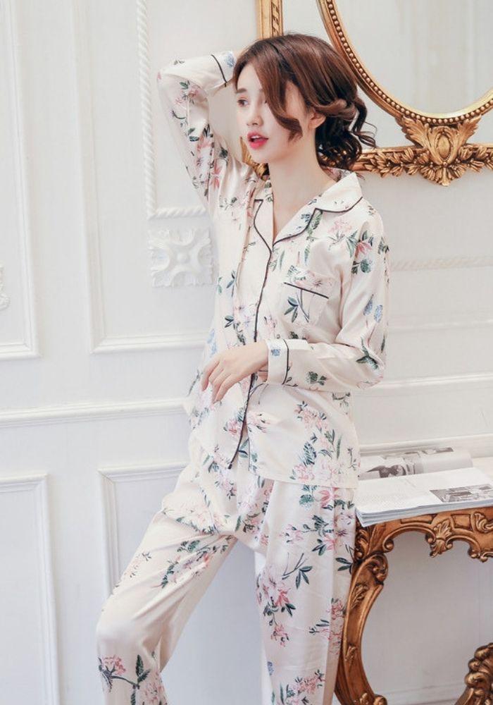 floral beige Satin Pajama Set