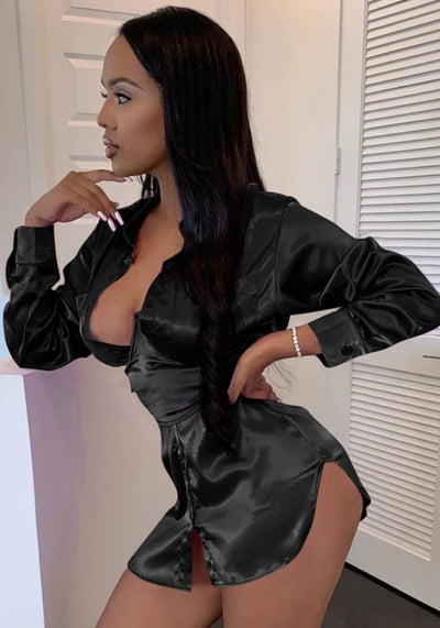 Black Satin Shirt Dress