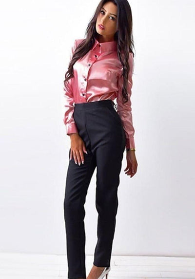 Pink Satin Long Sleeve Blouse