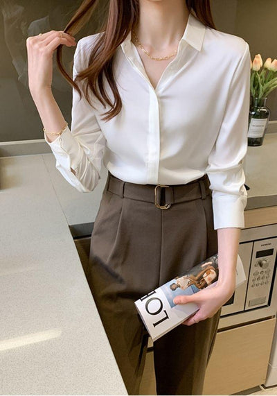 White Satin Blouse Long Sleeve - Miss Satin