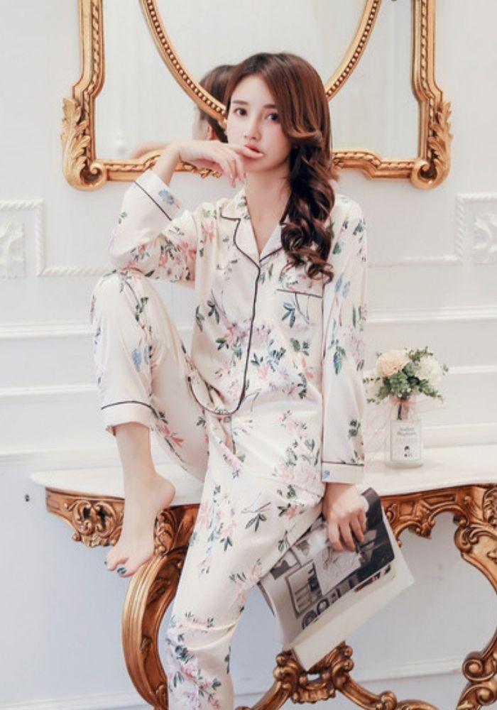 floral beige Satin Pajama Set