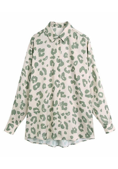 Green Satin Leopard Print Blouse