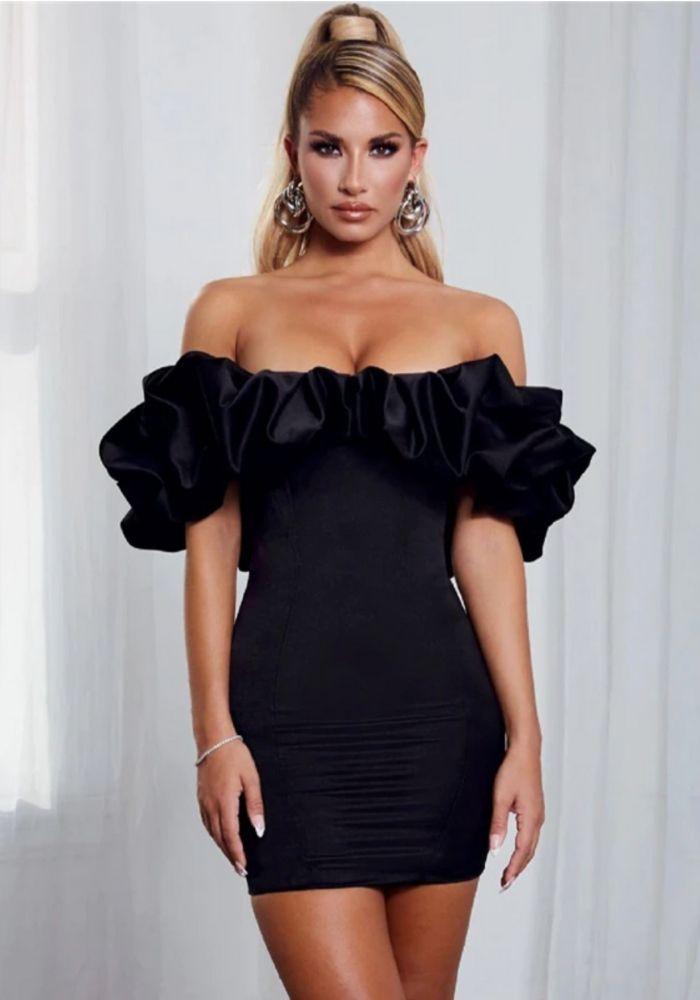 Black Ruffle Off-Shoulder Mini Dress | Corset Bodice
