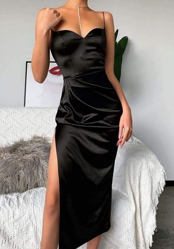 Black Satin Slit Dress