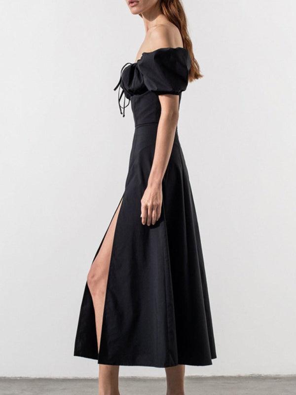 Black Satin Puff Shoulder Dress - Miss Satin