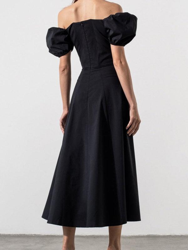Black Satin Puff Shoulder Dress - Miss Satin
