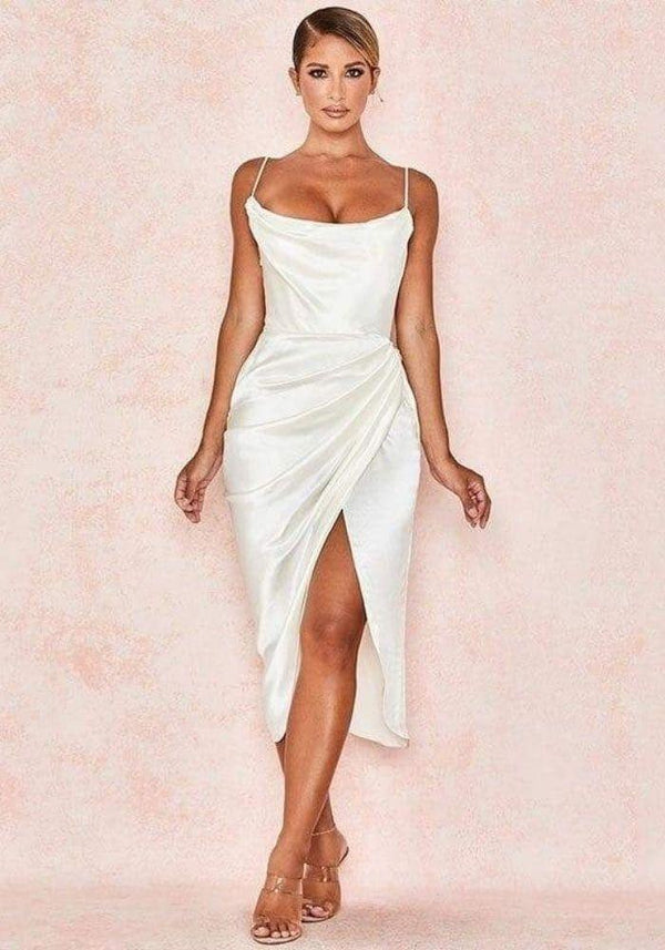 Total Appeal White Ruched One-Shoulder Bodycon Midi Dress