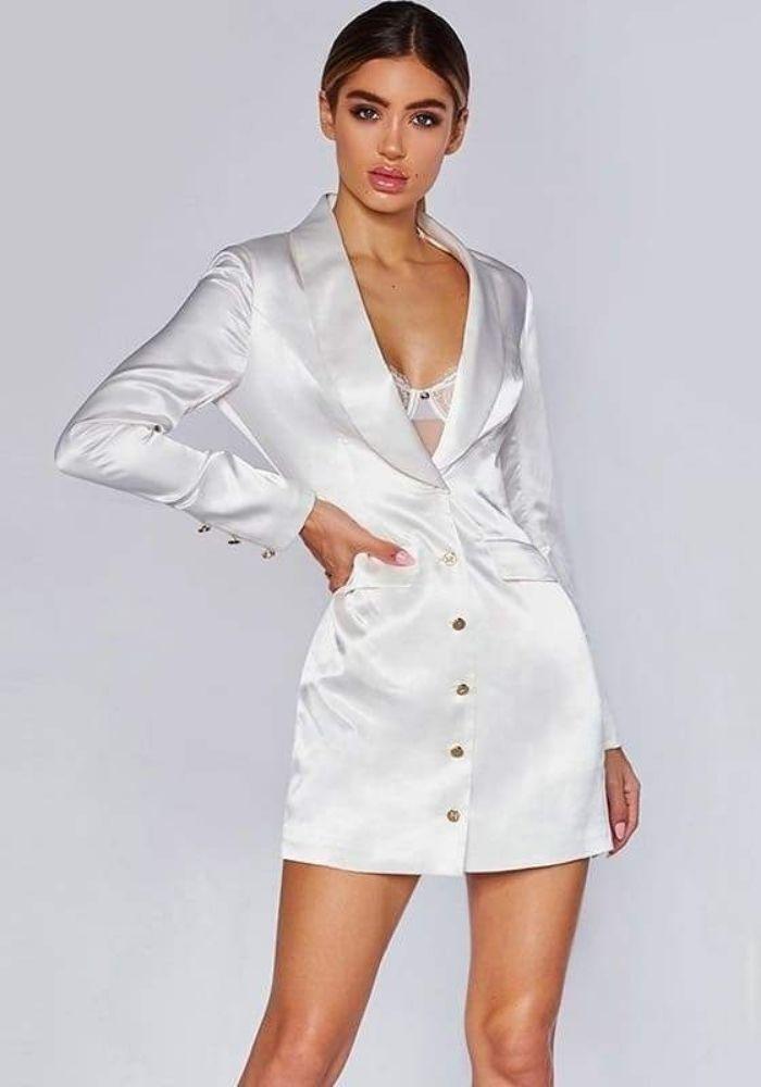 White Satin V Neck Dress